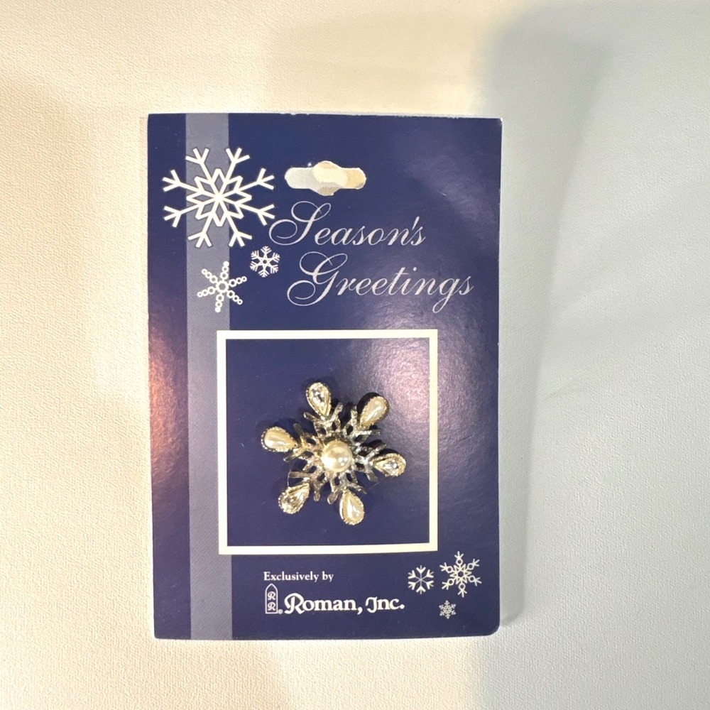 Roman Inc Snowflake Pin Silver Tone Faux Pearl Holiday Brooch Season's Greetings